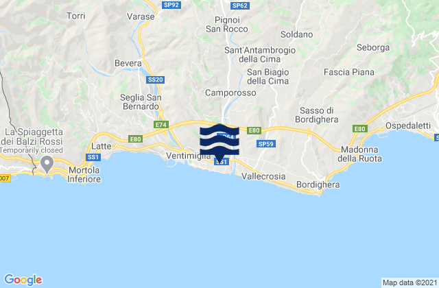 Carte des horaires des marées pour Isolabona, Italy
