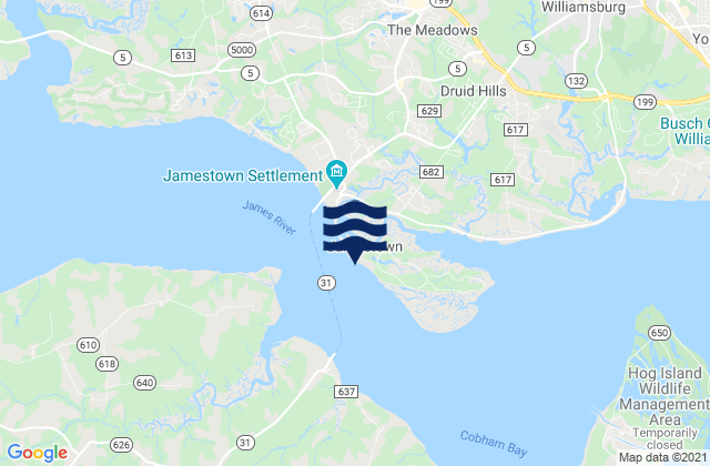 Carte des horaires des marées pour Jamestown Island (Church Point), United States