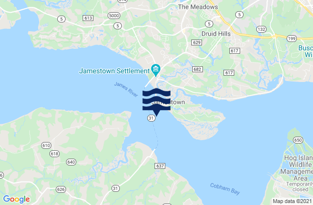 Carte des horaires des marées pour Jamestown Island Church Point, United States