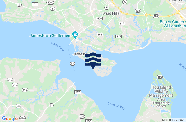 Carte des horaires des marées pour Jamestown Island, United States