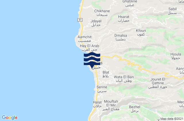 Carte des horaires des marées pour Jbaïl, Lebanon