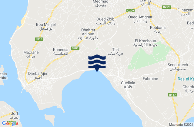 Carte des horaires des marées pour Jerba Ajim, Tunisia