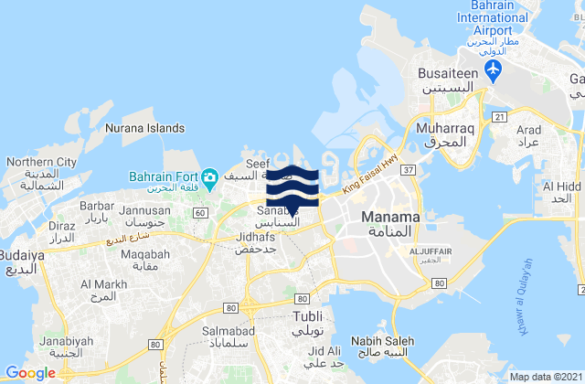 Carte des horaires des marées pour Jidd Ḩafş, Bahrain