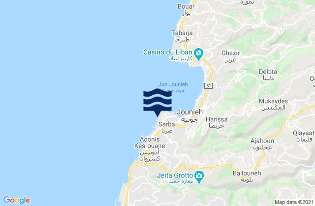 Carte des horaires des marées pour Jounieh, Lebanon