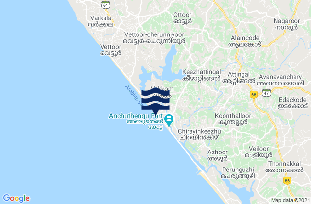 Carte des horaires des marées pour Kadakkavoor, India