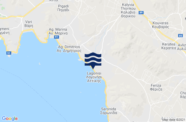 Carte des horaires des marées pour Kalývia Thorikoú, Greece