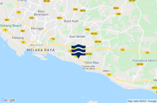 Carte des horaires des marées pour Kampung Ayer Molek, Malaysia