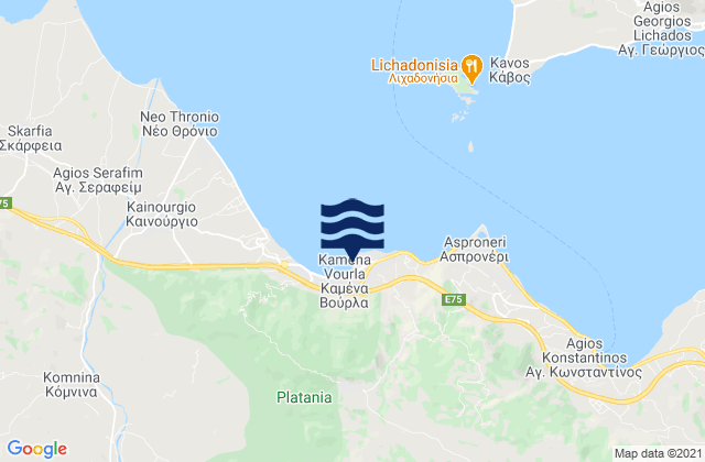Carte des horaires des marées pour Kaména Voúrla, Greece