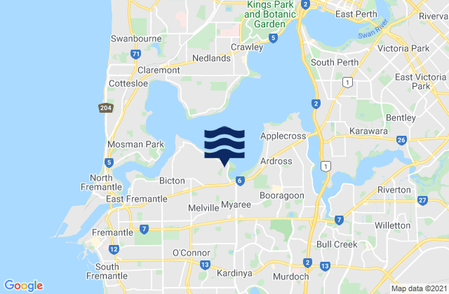 Carte des horaires des marées pour Kardinya, Australia