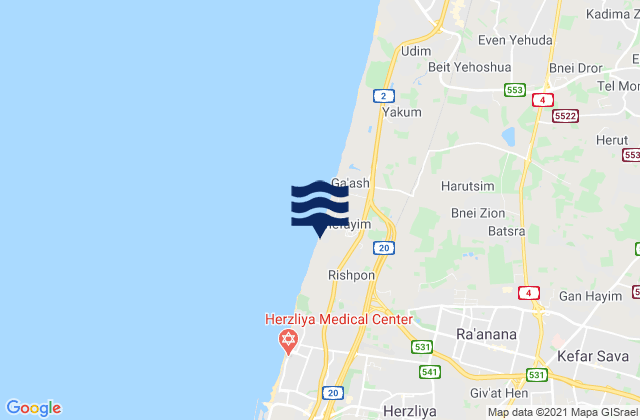 Carte des horaires des marées pour Kfar Saba, Israel