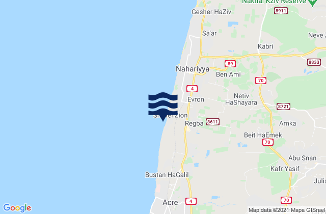 Carte des horaires des marées pour Kfar Yasif, Israel