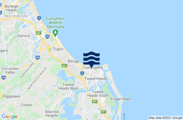 Carte des horaires des marées pour Kirra, Australia