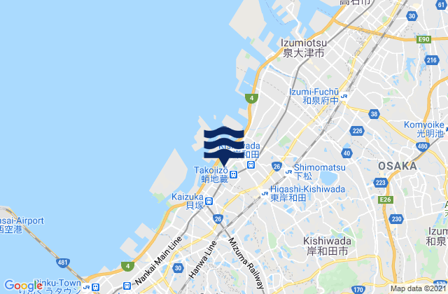 Carte des horaires des marées pour Kishiwada Shi, Japan