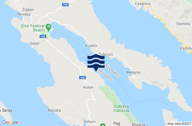 Carte des horaires des marées pour Kolan, Croatia