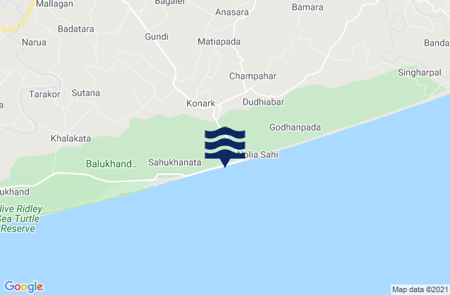 Carte des horaires des marées pour Konārka, India