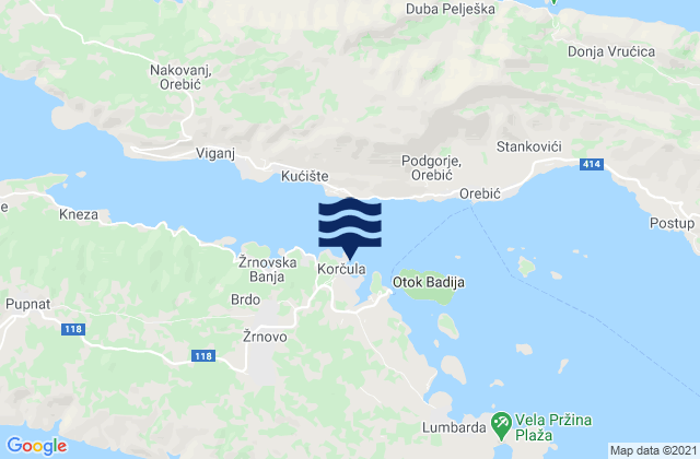 Carte des horaires des marées pour Korčula, Croatia