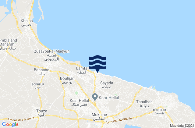Carte des horaires des marées pour Ksar Hellal, Tunisia