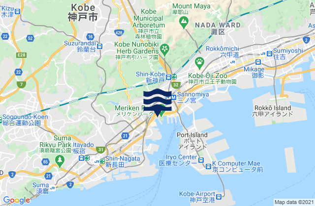 Carte des horaires des marées pour Kōbe Shi, Japan