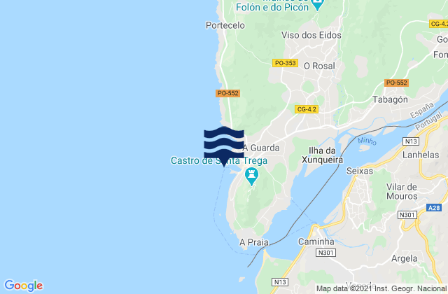Carte des horaires des marées pour La Guardia, Portugal