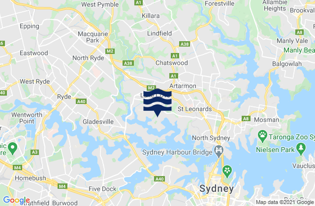 Carte des horaires des marées pour Lane Cove, Australia