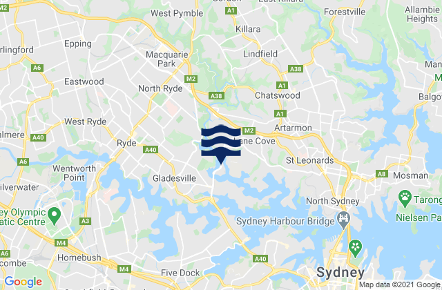 Carte des horaires des marées pour Lane Cove West, Australia