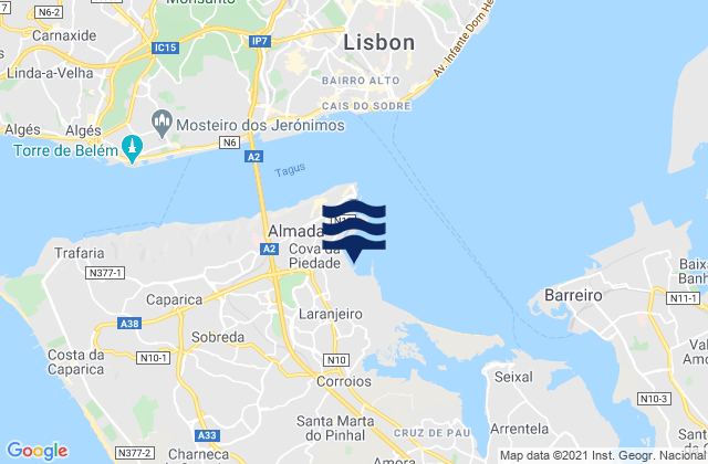 Carte des horaires des marées pour Laranjeiro, Portugal