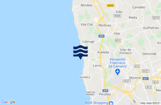Carte des horaires des marées pour Lavra, Portugal