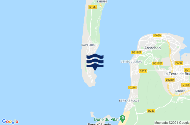 Carte des horaires des marées pour Le Cap-Ferret, France