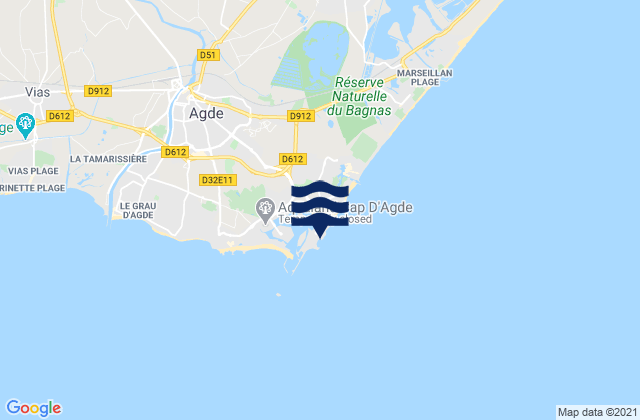Carte des horaires des marées pour Le Cap d'Agde, France