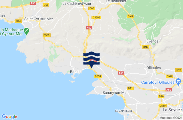 Carte des horaires des marées pour Le Castellet, France
