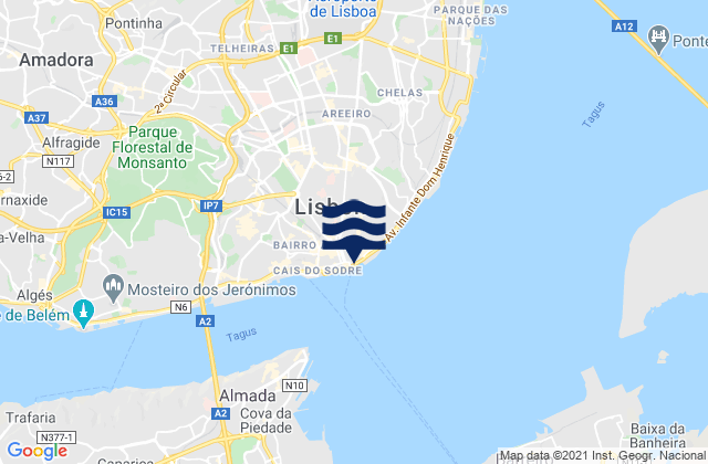 Carte des horaires des marées pour Lisbon, Portugal