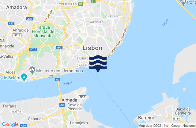 Carte des horaires des marées pour Lisbon Tagus River, Portugal