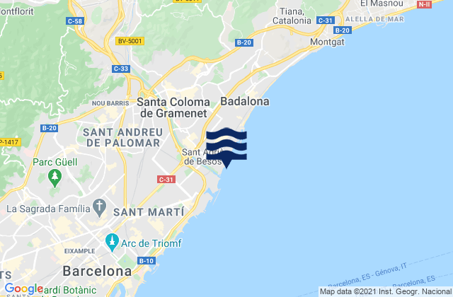 Carte des horaires des marées pour Llefià, Spain