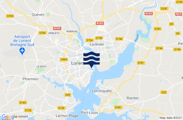 Carte des horaires des marées pour Lorient (Arsenal), France