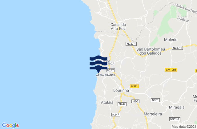 Carte des horaires des marées pour Lourinhã, Portugal