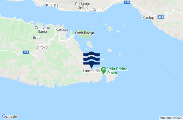 Carte des horaires des marées pour Lumbarda, Croatia