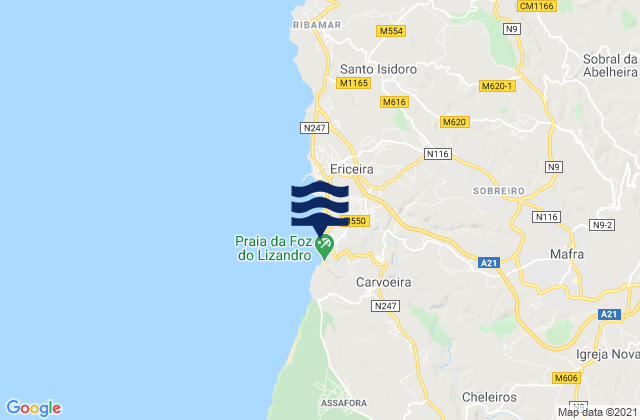 Carte des horaires des marées pour Mafra, Portugal