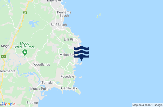 Carte des horaires des marées pour Malua Bay, Australia