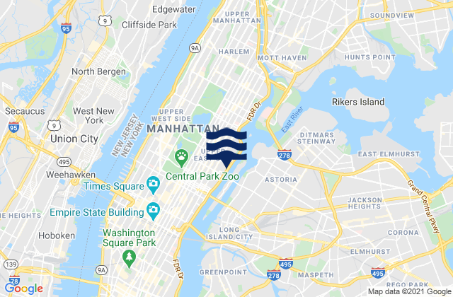 Carte des horaires des marées pour Manhattan, United States