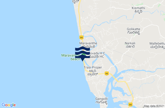 Carte des horaires des marées pour Maravanthe Beach, India
