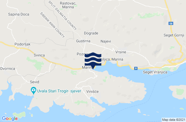 Carte des horaires des marées pour Marina, Croatia