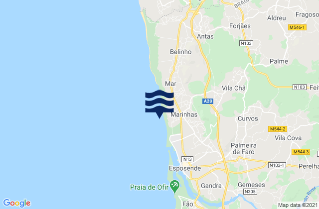Carte des horaires des marées pour Marinhas, Portugal