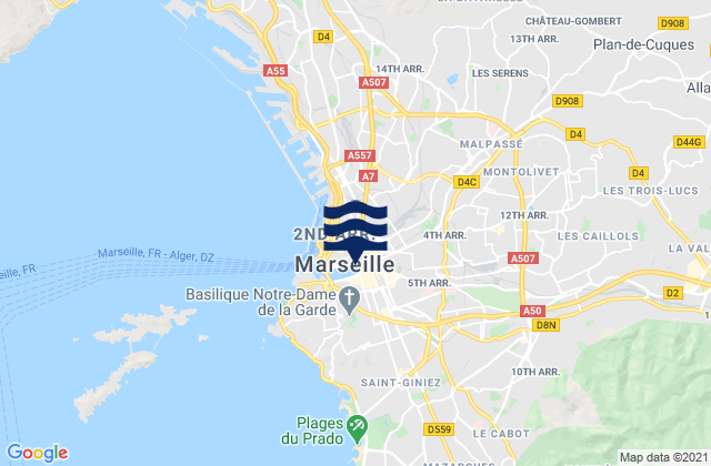 Carte des horaires des marées pour Marseille - Le Prado, France