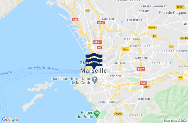 Carte des horaires des marées pour Marseille 02, France