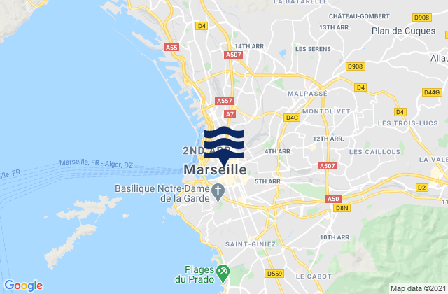 Carte des horaires des marées pour Marseille 04, France