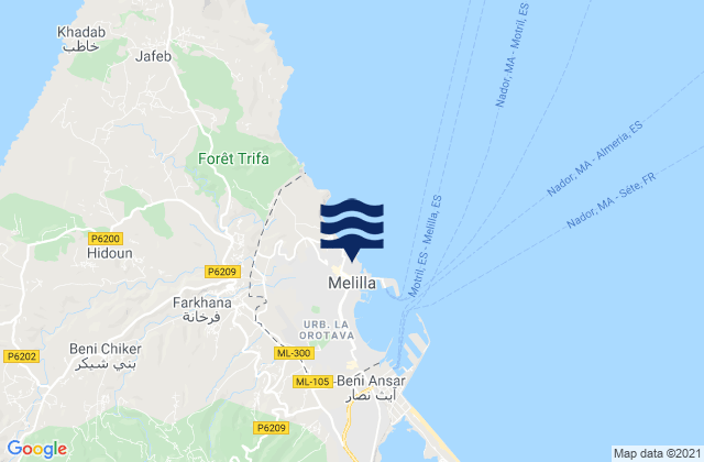 Carte des horaires des marées pour Melilla, Spain