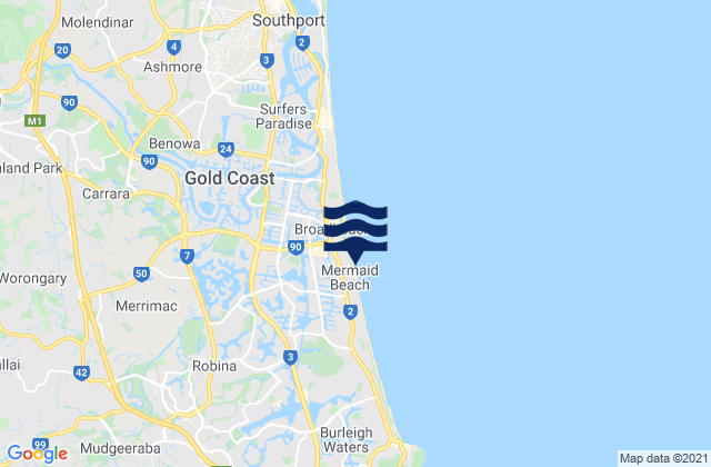 Carte des horaires des marées pour Mermaid Beach, Australia