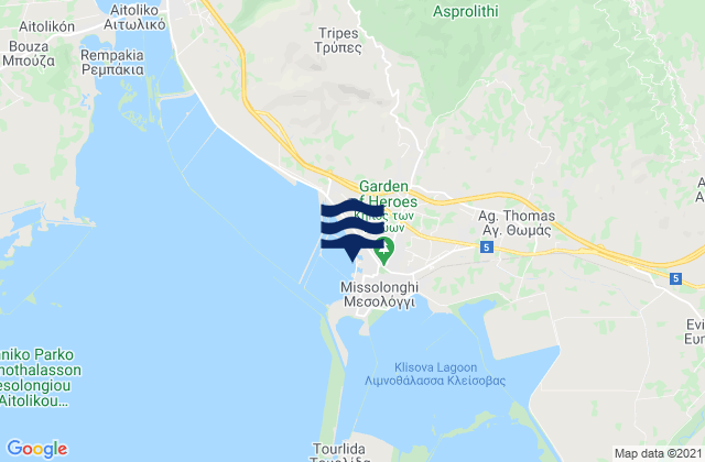 Carte des horaires des marées pour Mesolóngi, Greece