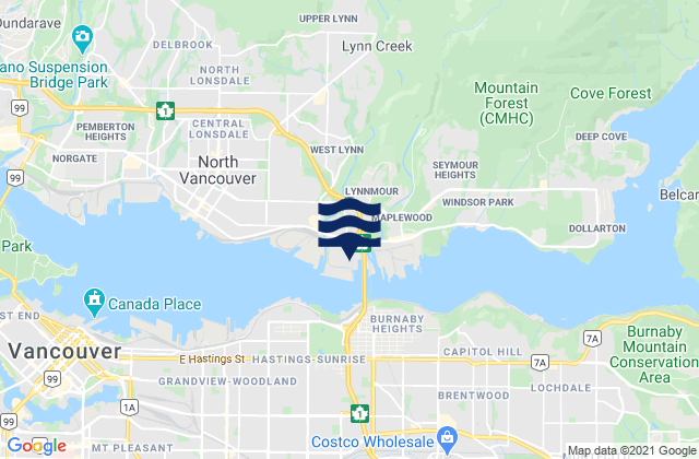 Carte des horaires des marées pour Metro Vancouver Regional District, Canada