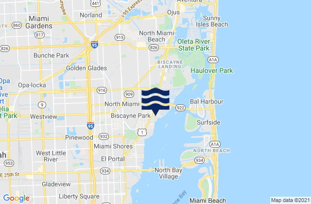Carte des horaires des marées pour Miami Gardens, United States